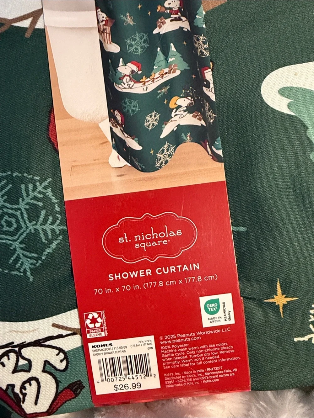 Peanuts Dark Green Snoopy Holiday Shower Curtain